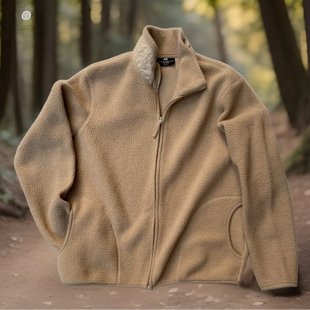 H&M Jacket Coat Sz L Adult Lite Tan Cream Full Zip-up Sherpa Regular Fit Fleece